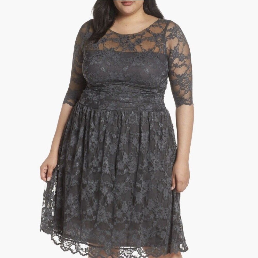 Kiyonna Luna Lace Cocktail Dress Size 1X (14/16) A-Line Gray Half Sleeve Modest
